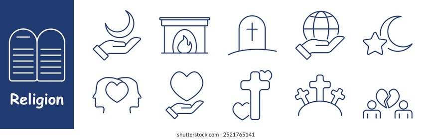 Symbol für Religionssatz. Zehn Gebote, Hand halten Halbmond, Kamin, Grabstein, Globus in der Hand, Stern und Mond, Liebe, Kreuz, Einheit, Gedächtnis, globale Fürsorge, Spiritualität, Glaube, Grabstein