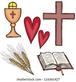 Religion - set of religious symbols - cross, chalice, heart, book and grain