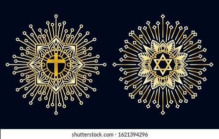 Religion sign vector on mandala design. Geometric lines. Vintage background. Eps 10 vector