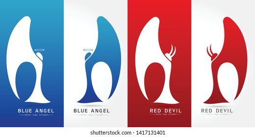 Religion silhouette Design element modern blue angel and red devil logo struggle between good and evil concept illustration Vector illustration