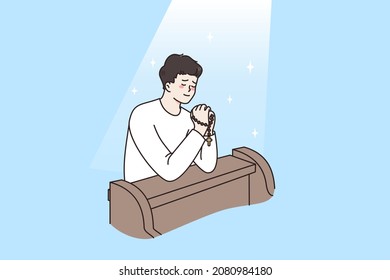 Religion and spiritual pray concept. Young relaxed man sitting with eyes closed and praying talking to god in church vector illustration 