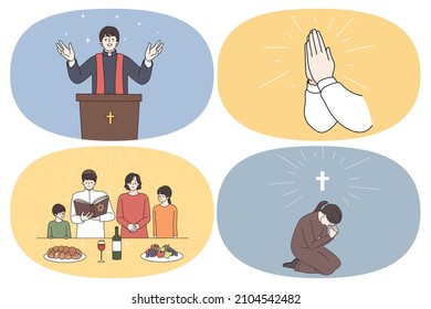 Religion and spirituality routine concept. Set of young priest during speech human hands in pray young judish family before dinner and young non sitting talking to god vector illustration 