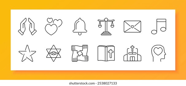 Icono de conjunto de Religión y espiritualidad. Manos de oración, corazones, campana, escamas, carta de amor, estrella, ojo, unidad, libro sagrado, iglesia, alma, fe. Iconos que representan símbolos religiosos, valores y conexiones