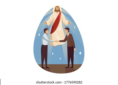 Religion, support, business, christianity, meeting concept. Jesus Christ son of God blessing helps young businessmen clerks managers for making deal. Divine assistance with reconciliation illustration