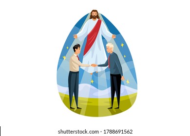 Religion, support, business, christianity, meeting concept. Jesus Christ son of God blessing helps young businessmen clerks managers for making deal. Divine assistance with reconciliation illustration