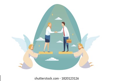 Religion, support, business, christianity, meeting concept. Angels religious characters helping young businessman woman clerk manager making deal. Divine assistance with reconciliation illustration.