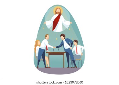 Religion, support, business, christianity, meeting concept. Jesus Christ son of God Messiah helping young businessman woman clerk manager making deal. Divine assistance and reconciliation illustration