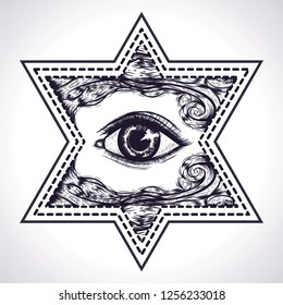 Religion symbol. Siz pointed star with hand drawn all seeing eye and waves. Sketch for print t shirt and tatto oart.