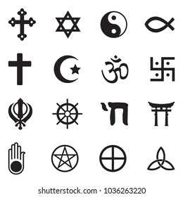 Religion Symbols Icons. Black Flat Design. Vector Illustration. 