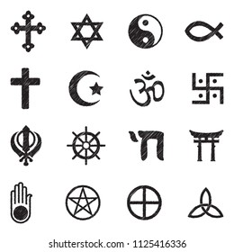 Religion Symbols Icons. Black Scribble Design. Vector Illustration.