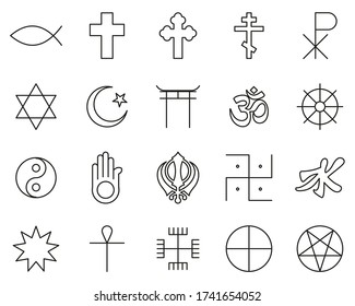 Religion Symbols Icons Black & White Thin Line Set Big