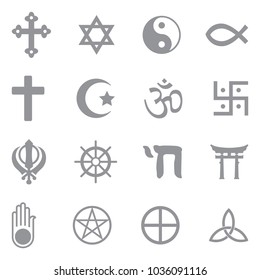 Religion Symbols Icons. Gray Flat Design. Vector Illustration. 