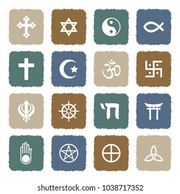 Religion Symbols Icons. Grunge Color Flat Design. Vector Illustration.