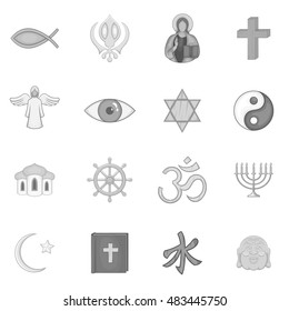 Religion symbols icons set in black monochrome style. World religions set collection vector illustration