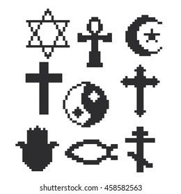 Religion symbols icons set. Pixel art. Old school computer graphic style. Games elements.