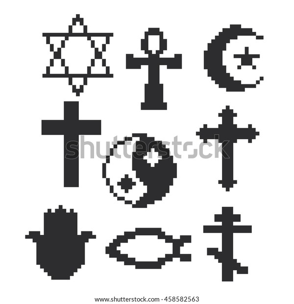 Religion symbols icons set. Pixel art.\
Old school computer graphic style. Games\
elements.