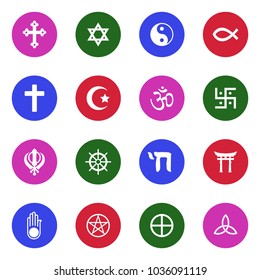 Religion Symbols Icons. White Flat Design In Circle. Vector Illustration. 