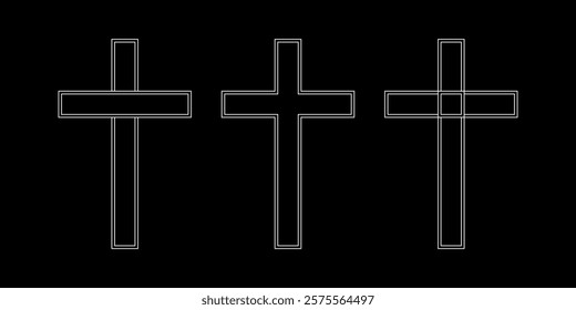 Religion symbols set on a black background. Christian cross vector symbol flat and outline style. Crucifix. Jesus Christ. Vector illustration