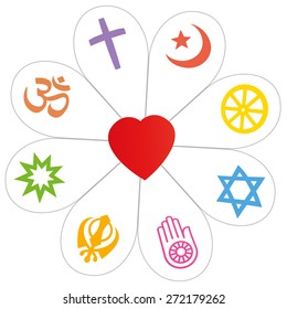 Religion symbols that form a flower with a heart as a symbol for religious unity or commonness - Islam, Buddhism, Judaism, Jainism, Sikhism, Bahai, Hinduism, Christianity. Isolated vector over white.