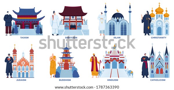 Religion temple church mosque vector illustration\
flat set. Cartoon religious worship places culture architecture\
collection with traditional shrine temple, religionist characters\
isolated on white