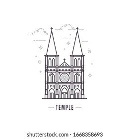 Religion temple in western catholic style. Simple line art style church building outline vector icon isolated on white background