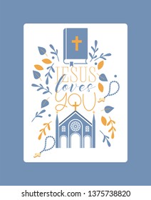 Religion vector catholic church or cathedral and religious sings of christianity illustration backdrop of christian cross bible with sign Jesus love you background.