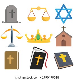 religion vector clip art set with holy bible, church, grave, libra