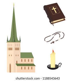 Religion vector icon set, collection. Church, brown closed Holy Bible. rosary beads and candle with black holder