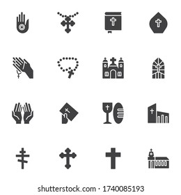 Religion vector icons set, christianity modern solid symbol collection, filled style pictogram pack. Signs, logo illustration. Set includes icons as crucifix cross, prayer hands, church building