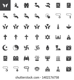 Religion vector icons set, modern solid symbol collection, filled style pictogram pack. Signs, logo illustration. Set includes icons as church building, mosque, synagogue, holy cross, calendar, bible