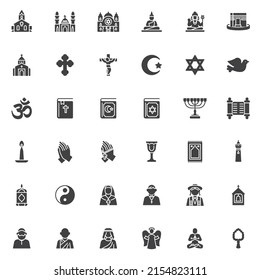 Religiöse Vektorsymbole Set, moderne solide Symbolsammlung, gefülltes Piktogrammpaket. Zeichen, Logo-Illustration. Set enthält Symbole wie Christentum, Islam, Judentum, Kirche, Moschee, Gebet Hände