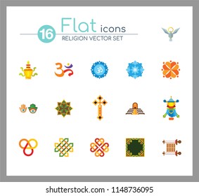 Religion vector icons set with Om sign, Hamsa amulet and Holy Spirit dove. Thirteen flat icons