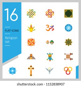 Religion vector icons set with Om sign, Hamsa amulet and Holy Spirit dove. Thirteen flat icons