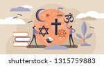 Religion vector illustration. Flat tiny symbolic element collection set persons concept. Theology study and knowledge about christianity, islam and muslim ethnic heritage. Global mythology education.