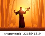 Religion vector illustration series, Saint Francis of Assisi with animals in the woods