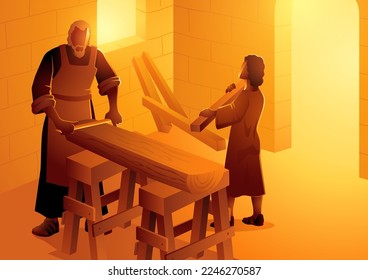 Religion vector illustration series, Saint Joseph is working as a carpenter with the boy Jesus