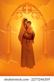 Religion vector illustration series, Virgin Mary and baby Jesus on gothic gate decoration