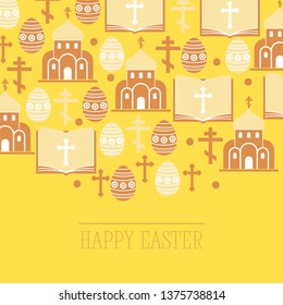 Religion vector seamless pattern catholic church or cathedral and religious sings of christianity illustration backdrop set of christian cross bible with sign easter eggs background.