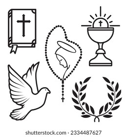 religion vector set, religion elements and faith and belief symbols, bible, rosary, dove, eucharist, olive branches