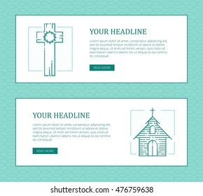 Religion vector thin line banner template for modern church promo materials. Monochrome thin line illustrations of cross and church