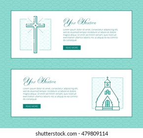 Religion vector thin line banner template for modern church promo materials. Monochrome thin line illustrations of cross and church