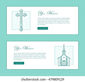 Religion vector thin line banner template for modern church promo materials. Monochrome thin line illustrations of cross and church