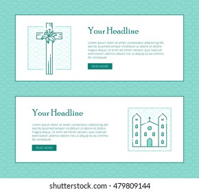 Religion vector thin line banner template for modern church promo materials. Monochrome thin line illustrations of cross and church