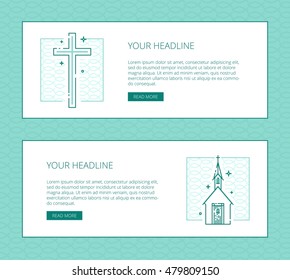 Religion vector thin line banner template for modern church promo materials. Monochrome thin line illustrations of cross and church