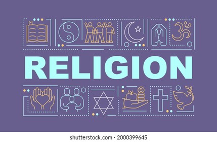 Banner de conceptos de palabra religiosa. Espiritualidad y creencia. Libertad de fe. Infografía con iconos lineales sobre fondo morado. Tipografía aislada. Ilustración de color RGB del contorno del vector