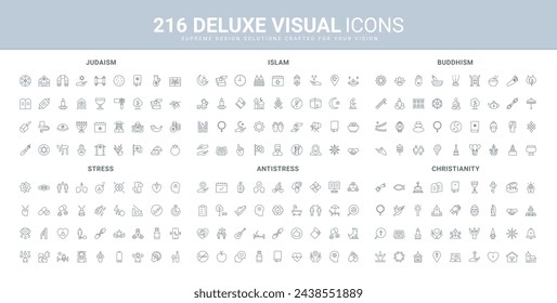 Religion of world, mental health and stress management line icons set. Christianity, Islam and Judaism religious thin black outline symbols, conflict attack, mentoring and yoga vector illustration