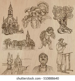 Religions around the World, Vector pack, set. Collection of an hand drawn illustrations. Each drawing comprises a few layers of outlines, the colored background is isolated. Hand drawing.