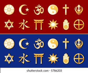 Religions, Faiths of the World, gold symbols: Buddhist, Islam, Hinduism, Taoism, Christianity, Sikh, Judaism, Confucianism, Shinto, Baha’i, Jain, Native Spirituality. EPS8 compatible.