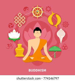 Religions flat and colored composition with Buddhism main features of the religion vector illustration