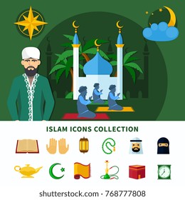 Religions flat icon set composition with isolated icons collection about Islam religion vector illustration